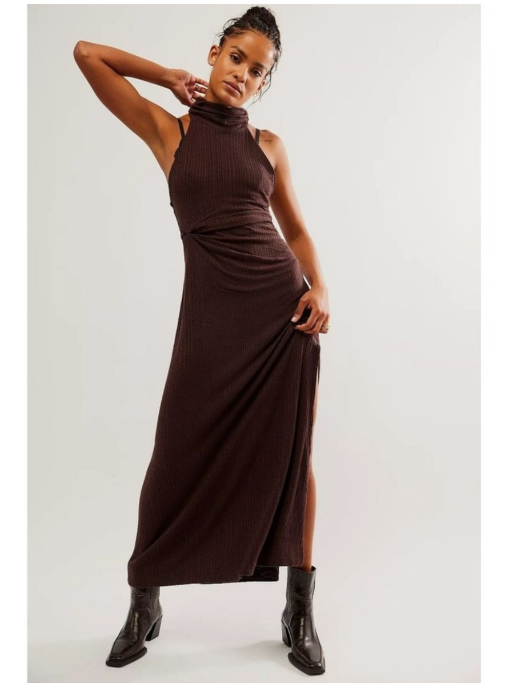 NWT Free People Athea Maxi Knit Dress in Espresso Bean Brown Large
